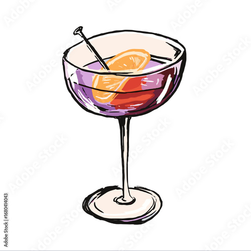 Hand-drawn illustration of a colorful cocktail in a coupe glass. Sketchy style alcoholic beverage with an orange slice garnish on a transparent background.