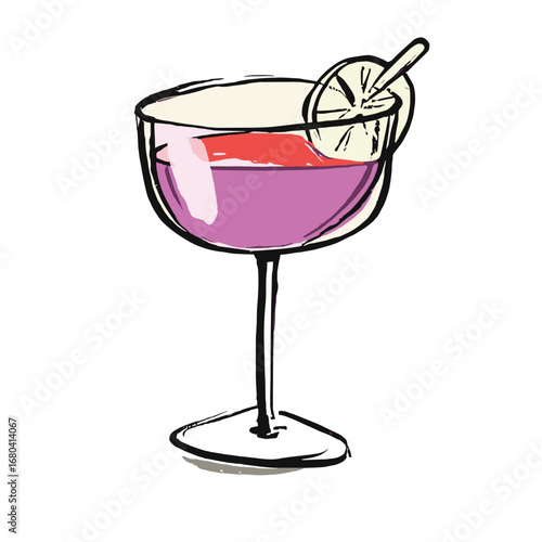 Hand-drawn illustration of a colorful purple cocktail in a coupe glass. Sketchy alcoholic beverage with a lemon slice garnish, isolated on a transparent background.
