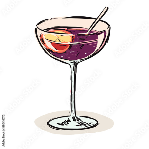 Hand-drawn illustration of a sangria cocktail in a coupe glass. Sketchy vector drawing of a purple alcoholic beverage with fruit garnish.