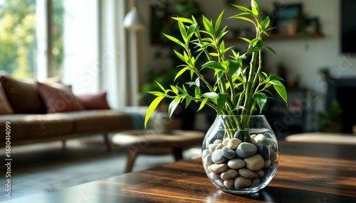 A lucky bamboo plant in a clear glass vase filled with polished river stones, set on a dark wood table in a sunlit living room during spring, with soft, diffused light.