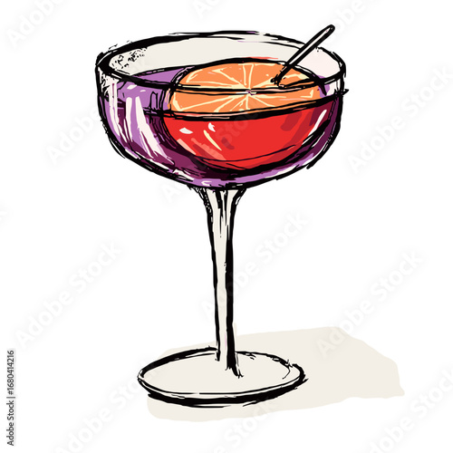 Hand-drawn illustration of a classic cocktail in a coupe glass. Sketchy vector art of a red alcoholic drink with an orange garnish.