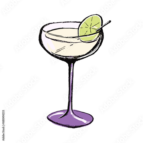 Hand-drawn illustration of a classic cocktail in a coupe glass. Sketchy artistic rendering of a mixed drink with a lime garnish and purple stem.