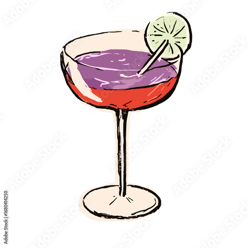Hand drawn illustration of a colorful layered cocktail in a coupe glass. Purple and red alcoholic drink garnished with a lime slice, isolated on white.