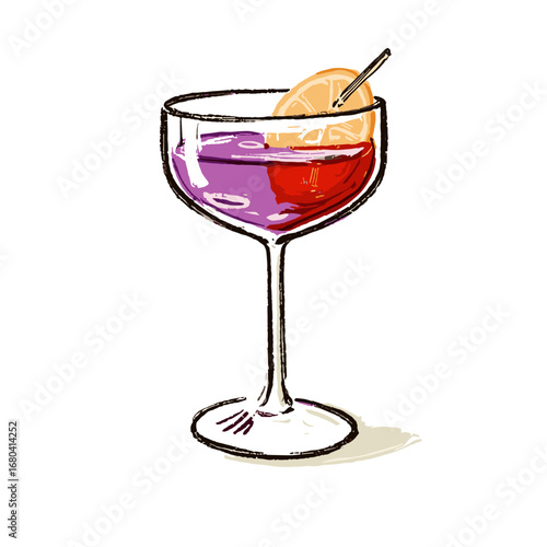 Hand-drawn illustration of a colorful layered cocktail in a coupe glass. Sketchy alcoholic beverage with a citrus garnish on a transparent background.