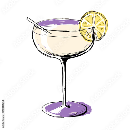 Hand-drawn illustration of a classic cocktail in a coupe glass. Sketchy artistic drawing of an alcoholic beverage with a lemon garnish on a transparent background.