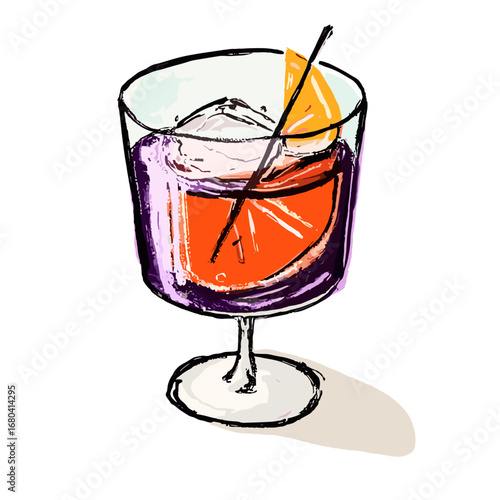 Hand-drawn illustration of a colorful cocktail. Sketchy style alcoholic beverage in a glass with an orange slice and ice, isolated on a transparent background.