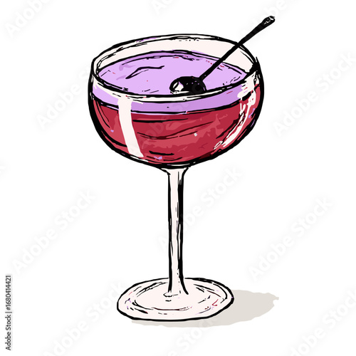 Hand-drawn illustration of a colorful layered cocktail in a coupe glass. Sketchy style purple and red alcoholic beverage with a spoon.