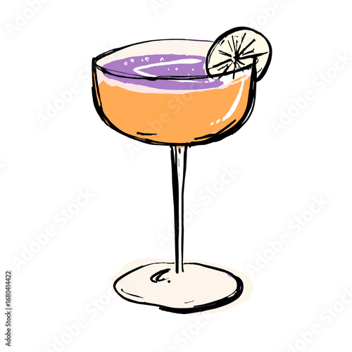 Hand drawn illustration of a colorful layered cocktail in a coupe glass. Sketchy style alcoholic beverage with an orange and purple drink, garnished with a lime slice.