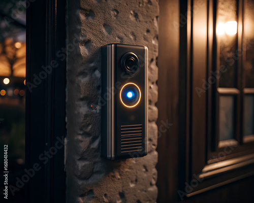 Nighttime smart doorbell on textured stone with a blue LED halo, delivering discreet security at the front entrance – Timbre inteligente nocturno sobre piedra texturizada con halo LED azul, que ofrece