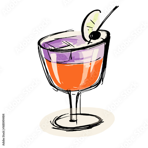 Hand-drawn sketch of a colorful layered cocktail with a lime and cherry garnish. Artistic illustration of a fancy alcoholic beverage in a glass.