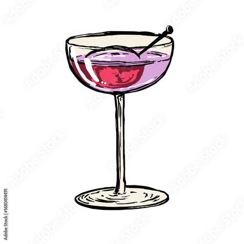 Hand-drawn illustration of a purple cocktail in a coupe glass. Sketchy alcoholic beverage with a red garnish and stirrer, isolated on a transparent background.