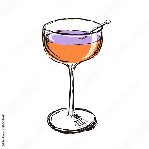 Hand drawn sketch of a colorful layered cocktail in a coupe glass. Modern mixology illustration with an orange and purple drink.