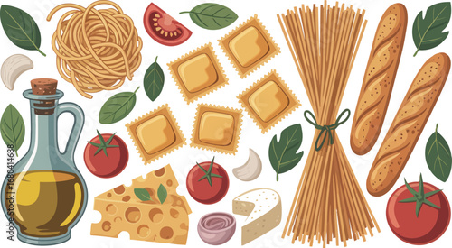 This image displays a comprehensive collection of ingredients commonly used in Italian cooking. Pasta, ravioli, tomatoes, olive oil, cheese, and fresh herbs are arranged artfully. 