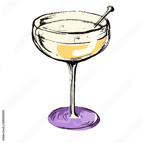 Hand-drawn illustration of a classic cocktail in a coupe glass with a stirrer. Vintage style alcoholic beverage sketch isolated on white.