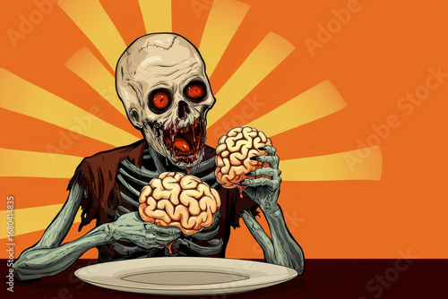 Halloween popart funny cartoon zombie skeleton diner with brain snack on plate radiant background and bold orange tone