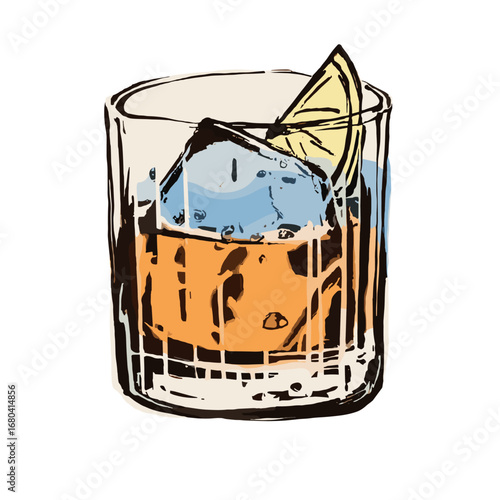 Stylized illustration of a classic cocktail on the rocks. Hand-drawn whiskey drink in a glass with a large ice cube and a lemon wedge garnish.
