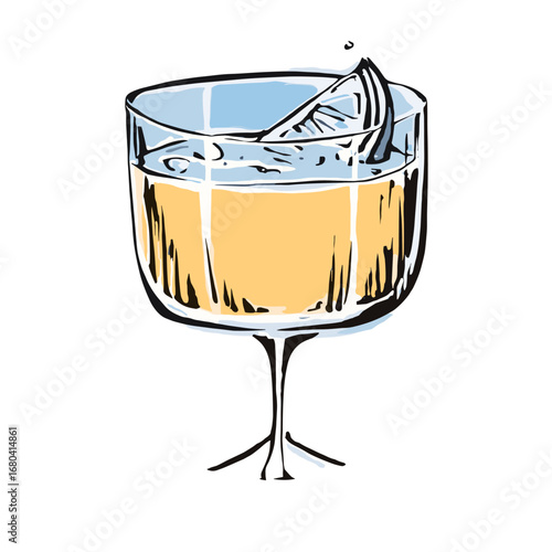 Stylized hand-drawn illustration of a classic cocktail in a coupe glass. Refreshing alcoholic beverage with a citrus garnish, isolated on a transparent background.