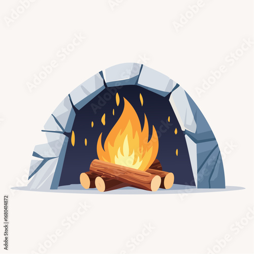 A cartoon illustration of a cozy campfire burning logs inside a rustic stone fireplace archway, with warm orange and yellow flames and glowing embers.