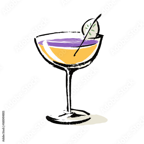 Stylized hand-drawn illustration of a colorful layered cocktail. Sketchy vector art of a fancy alcoholic beverage in a coupe glass with a lime garnish.