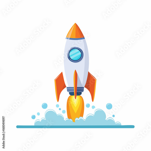 A cartoon rocket launching with fiery exhaust and smoke.