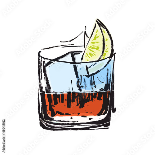 Hand-drawn sketch of a cocktail on the rocks with a lime wedge. Artistic illustration of an alcoholic beverage in a glass on a transparent background.