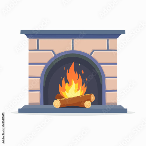 A cozy brick fireplace with burning logs and flames.