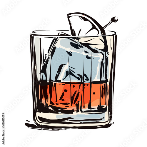 Stylized illustration of a classic cocktail on the rocks with a citrus garnish. Hand-drawn sketch of a Negroni or Old Fashioned in a glass.