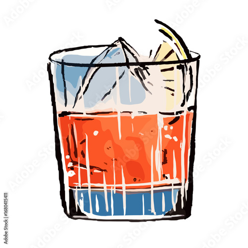 Hand-drawn illustration of a classic cocktail in a rocks glass. Colorful alcoholic beverage with ice cubes and a lemon twist garnish on a transparent background.