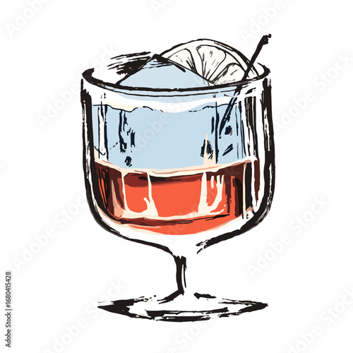 Hand-drawn illustration of a layered cocktail in a glass. Sketchy artistic drawing of an alcoholic beverage with a lemon garnish and ice on a transparent background.