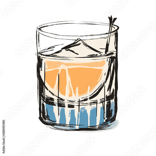 Hand-drawn sketch illustration of a colorful layered cocktail in a rocks glass with ice. Artistic vector drawing of an alcoholic beverage on a transparent background.