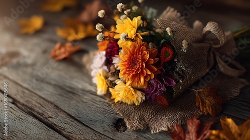 **A Cinematic Bouquet Mockup Featuring Autumn Leaves, Chrysanthemums And Rustic Dried Flowers Tied Together With Burlap Ribbon, Placed On A Textured Wooden Table With Scattered Fall Leaves, Warm Golde