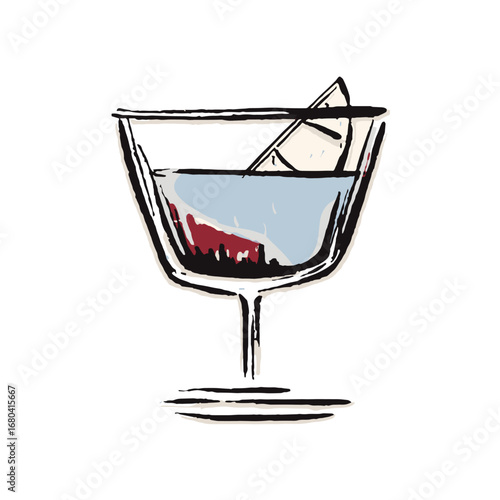 Hand-drawn sketch illustration of a colorful cocktail in a coupe glass. Modern artistic vector graphic for a bar menu or party invitation.