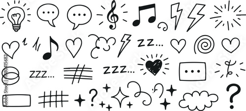 Manga Expression Icons  Hand-Drawn Comic Emotions with Speech Bubbles, Stars, Swirls, and Sound Symbols Vector Set