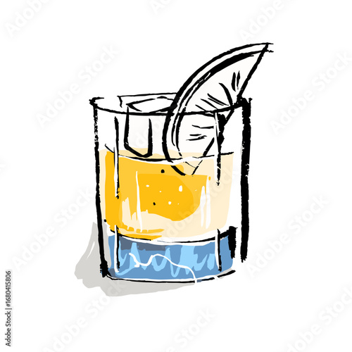 Hand drawn sketch illustration of a layered cocktail shot. Artistic mixed drink in a glass with a lemon slice garnish on a transparent background.