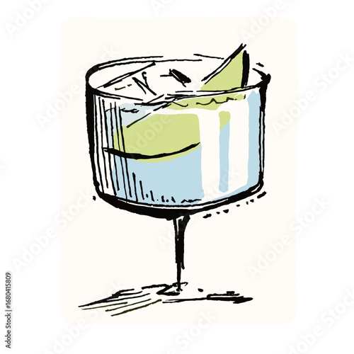 Hand-drawn illustration of a refreshing gin and tonic cocktail. Sketchy artistic drawing of a drink with ice and a lime wedge in a glass.