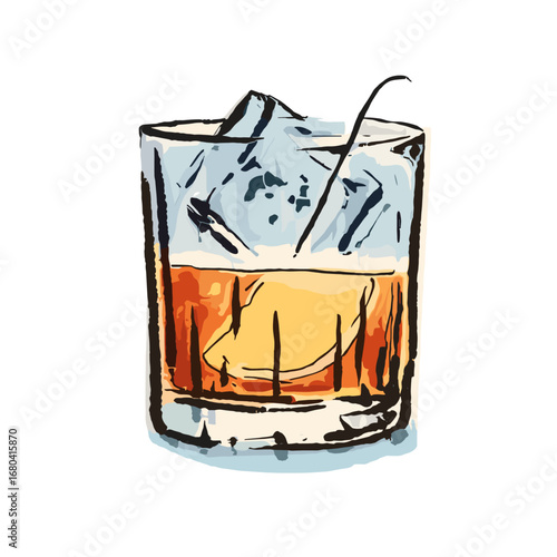 Hand-drawn illustration of a whiskey cocktail on the rocks. Sketchy, artistic drawing of an alcoholic beverage in a glass with ice and a stirrer.