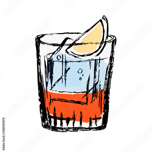Hand-drawn sketch illustration of a negroni or aperol spritz cocktail in a rocks glass with a lemon wedge garnish. Vector art for bar menu.