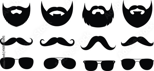 Collection of black silhouettes featuring various beard styles, mustaches, and sunglasses icons, trendy facial hair and eyewear designs.