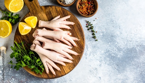 Raw chicken feet on wooden board (1)
