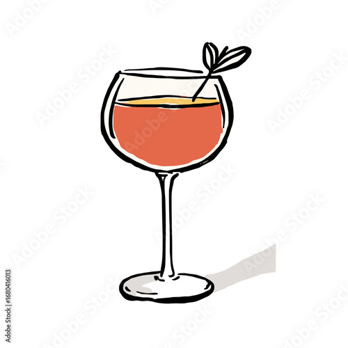 Hand-drawn cocktail illustration in a sketchy style. Minimalist alcoholic beverage in a glass with a leaf garnish. Simple vector art for a bar menu or party invitation.