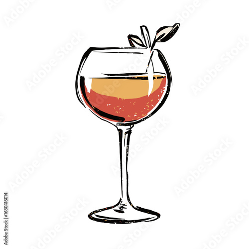 Hand-drawn sketch illustration of a refreshing summer cocktail. Stylized alcoholic beverage in a wine glass with a leaf garnish, isolated on a transparent background.