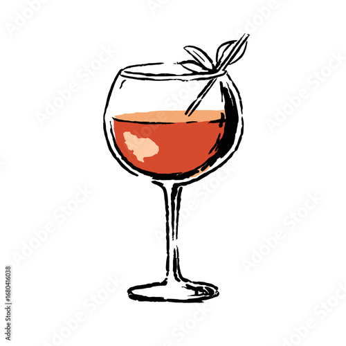Hand-drawn sketch illustration of a refreshing summer cocktail in a glass. Artistic ink drawing of an alcoholic beverage with a garnish on a transparent background.