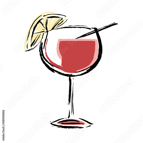 Hand-drawn sketch illustration of a red cocktail in a wine glass with a lemon garnish. Isolated vector graphic for bar menu or party invitation.