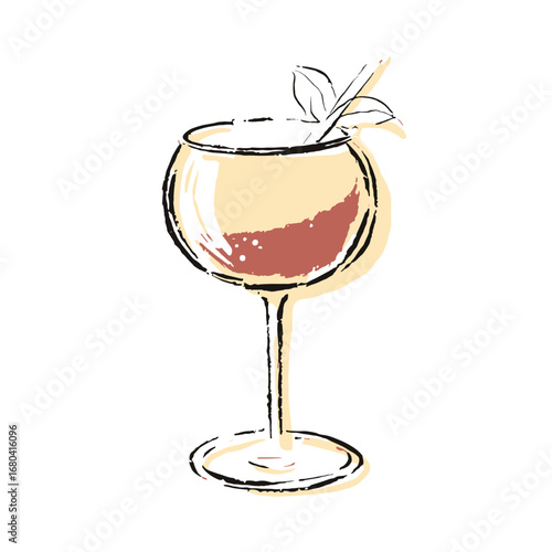 Hand-drawn illustration of a cocktail in a coupe glass. Sketchy and minimalist vector art of an alcoholic beverage with a garnish on a transparent background.