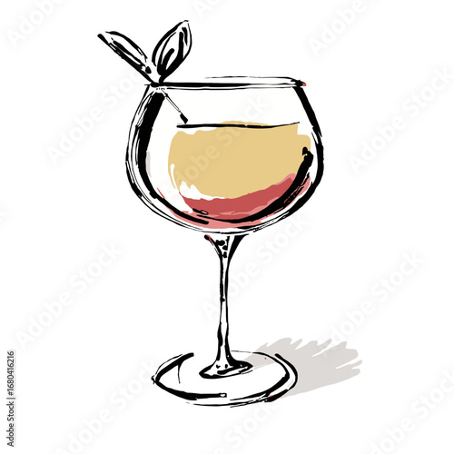 Artistic hand-drawn sketch of a colorful cocktail in a wine glass. Stylized ink and wash illustration of a summer drink with a garnish.