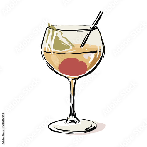 Hand-drawn sketch illustration of a refreshing summer cocktail in a wine glass. Artistic beverage with lime and cherry garnish on a transparent background.