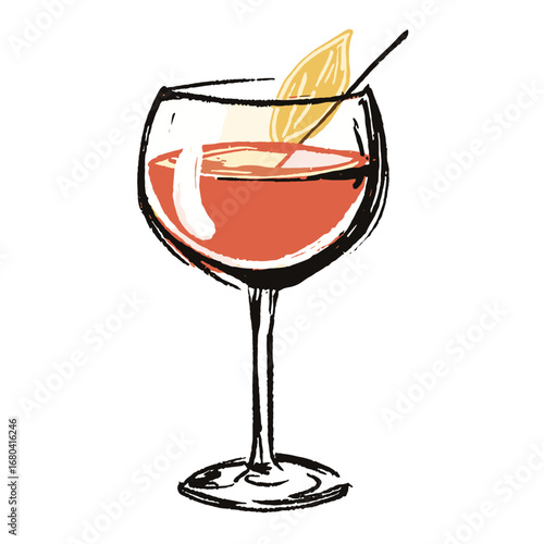 Hand-drawn illustration of a red cocktail in a wine glass. Sketchy artistic drawing of an aperitif with a garnish on a transparent background.