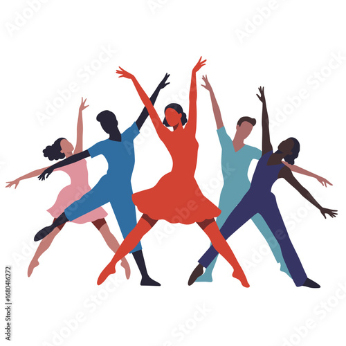 Diverse Dance Group in Dynamic Poses Celebrating Movement and Unity