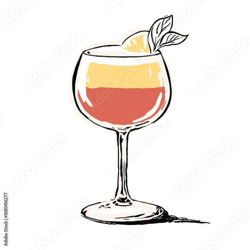 Hand-drawn illustration of a colorful layered cocktail in a stemmed glass. Sketch of an alcoholic beverage with a citrus and mint garnish on a transparent background.