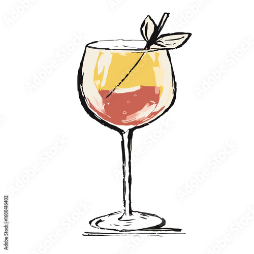 Hand-drawn illustration of a colorful summer cocktail. Sketchy ink and watercolor style drawing of a layered alcoholic drink in a wine glass with a garnish.